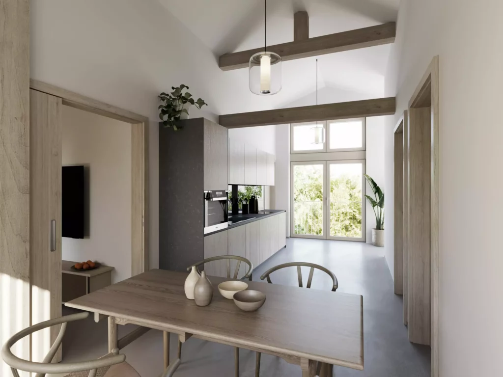 AppartementsNo37_1 Helles modernes Appartement mit Holztisch, Stühlen, offener Küche, großen Fenstern und sichtbaren Holzbalken im