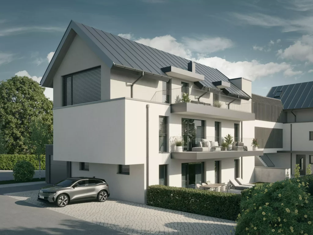 deutinger-projektentwicklung-baumanagement-generalunternehmen-immobilien-salzburg-projekt-wohn-traum bluntaustrasse-golling-02-neu Modernes Wohngebäude mit Balkonen, Terrasse, parkendem Auto und gepflegtem Garten in ruhiger Wohngegend bei bewölktem Himmel