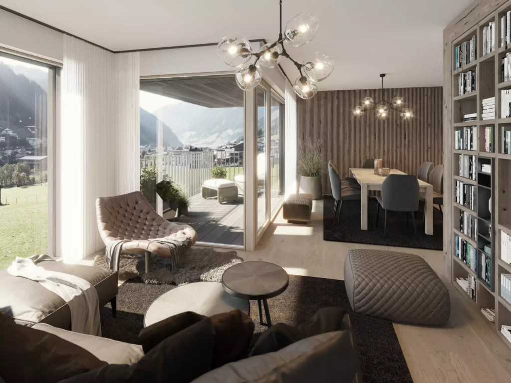 Kamera_Haus C-Top10 Modern eingerichtetes Wohnzimmer mit großen Fenstern, Balkon mit Bergblick, Essbereich und Bücherregal im Haus C Top10