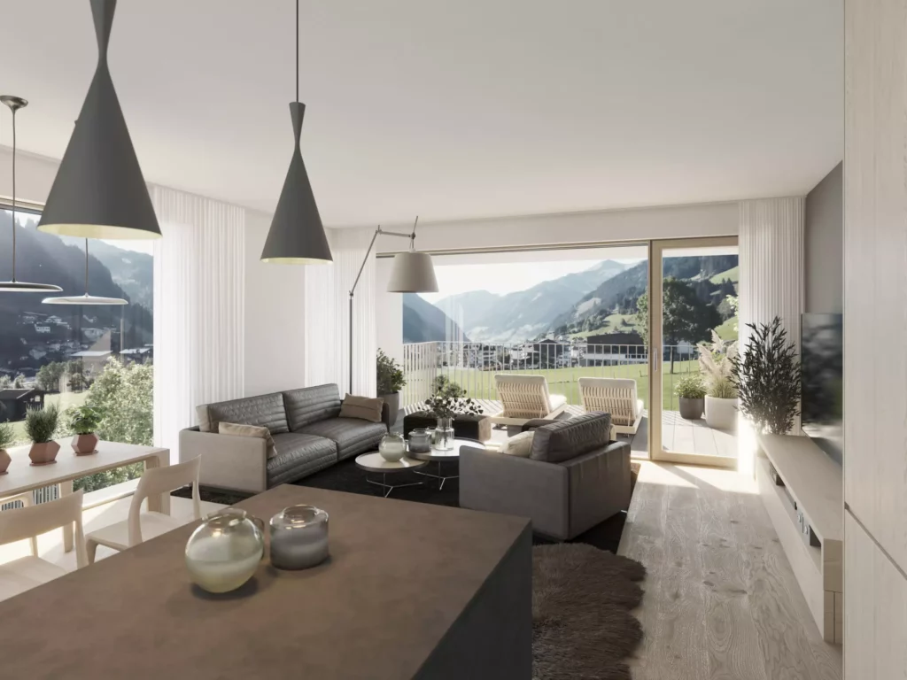 Kamera_Haus C-Top11 Modern eingerichtetes Wohnzimmer mit zwei Sofas, großem Fenster und Balkon mit Bergblick, Tageslicht durchflutet