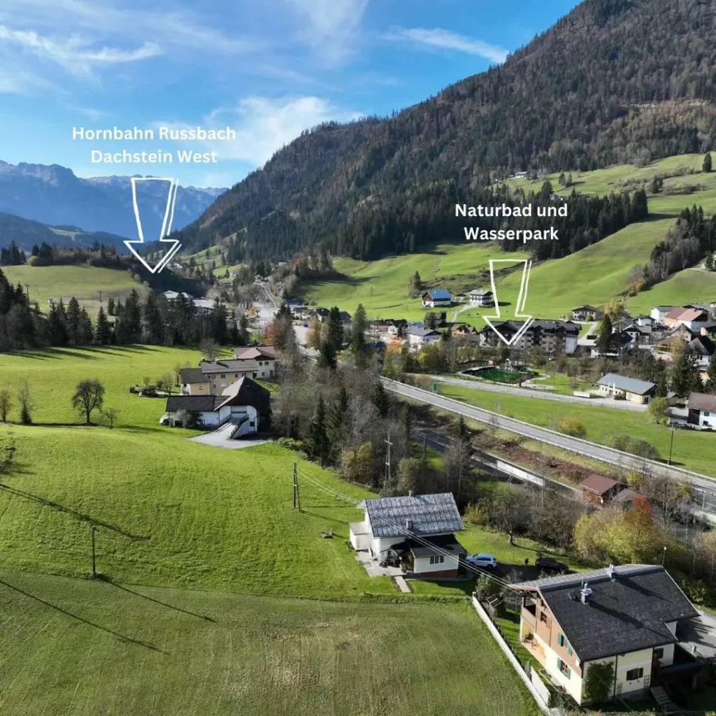 Russbach_8 Landschaft mit grünen Wiesen, Häusern, Bergen im Hintergrund und Pfeilen zu Hornbahn Russbach Dachstein West und Naturbad