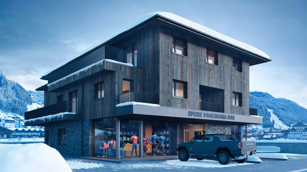 Sport Panorama Modernes dreistöckiges Gebäude mit Sportbekleidungsgeschäft Sport Panorama Bar und einem geparkten Hummer im Schnee