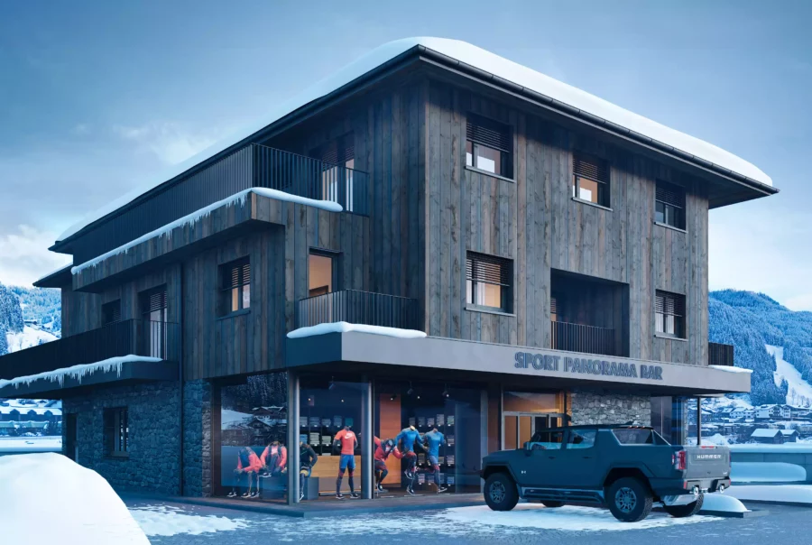 Modernes dreistöckiges Gebäude mit Sportbekleidungsgeschäft Sport Panorama Bar und einem geparkten Hummer im Schnee