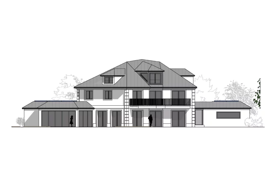 Architektonische Zeichnung einer modernen Stadtvilla mit zwei Vollgeschossen, Balkon und angrenzenden Flachdachanbauten in