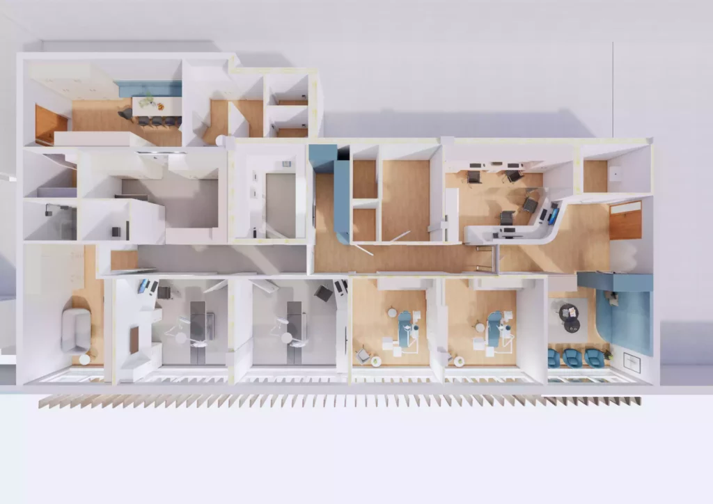 Visualisierung 1 Visualisierung eines modernen Bürogrundrisses mit mehreren Arbeitsplätzen, Besprechungsräumen und Empfangsbereich in hellem