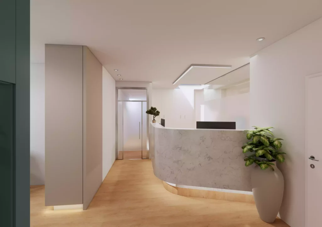 Visualisierung 2 Moderne Empfangstheke aus hellem Marmor mit Pflanze und Glaswand im Büro für Baumanagement und Projektentwicklung