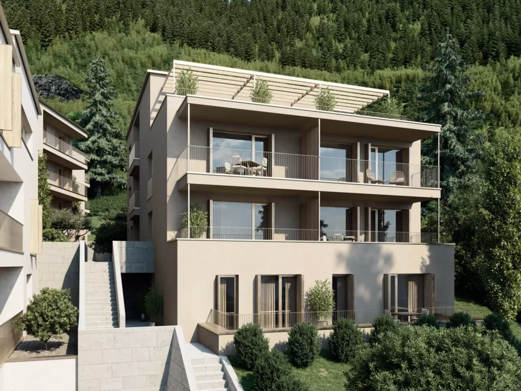 Wohnpark_Gastein (1) Moderner Wohnpark Gastein mit Balkonen und Terrasse vor bewaldetem Hang in sonniger Lage für Bauprojektmanagement und