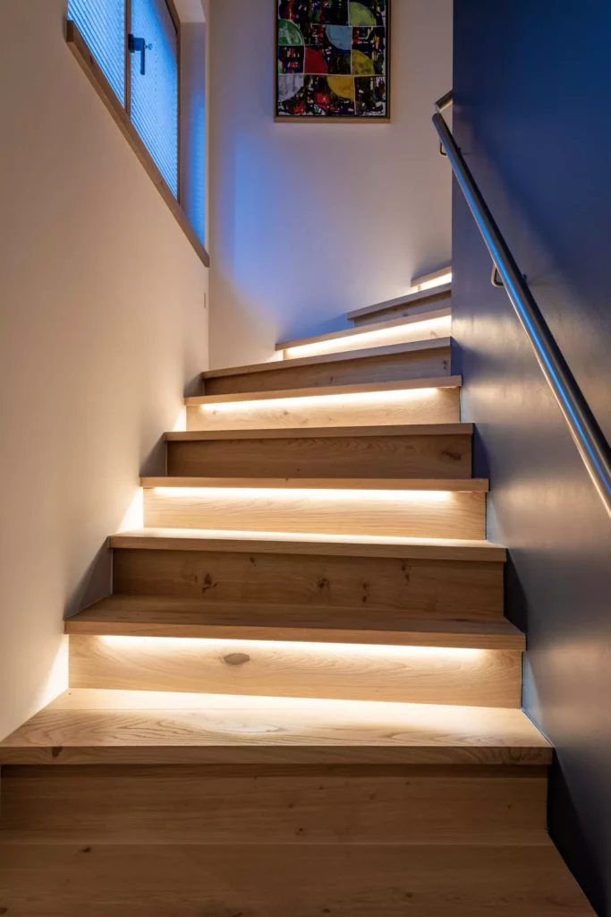 deutinger-projektentwicklung-baumanagement-generalunternehmen-immobilien-salzburg-MFH-Grossarl-Wagnermeyer-13 Holztreppe mit integrierter LED-Beleuchtung unter den Stufen und Edelstahl-Handlauf an der Wand
