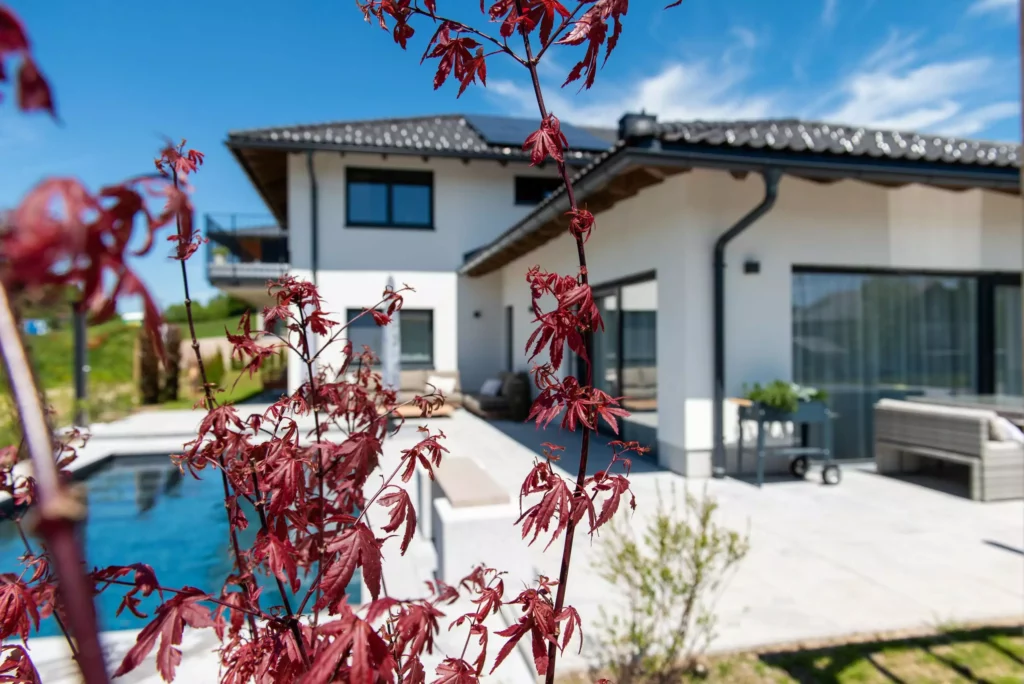 deutinger-projektentwicklung-baumanagement-generalunternehmen-immobilien-salzburg-projekt-einfamilienhaus-33 Modernes Einfamilienhaus mit weißer Fassade, Terrasse und Pool, im Vordergrund rote Blätter eines Ahornbaums bei klarem