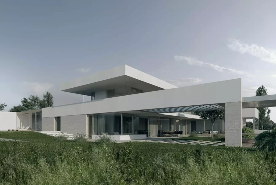 Modernes Einfamilienhaus mit Flachdach und großer Glasfront umgeben von Grünflächen in Salzburg, Bauprojektentwicklung und