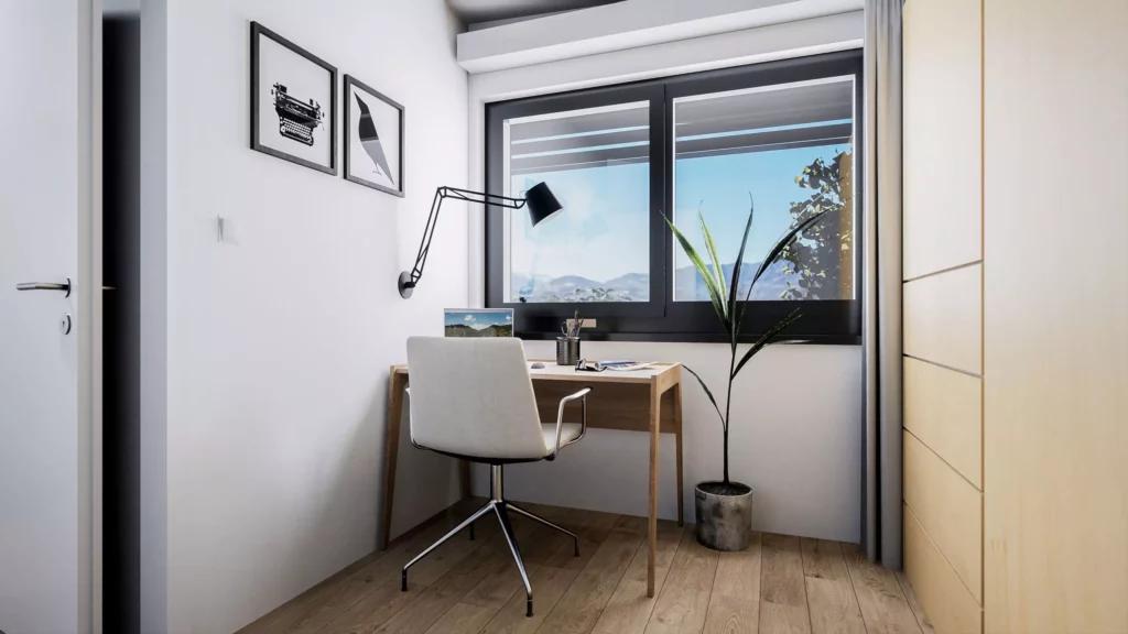 deutinger-projektentwicklung-baumanagement-generalunternehmen-immobilien-salzburg-projekt-mountainview-alpendorf-Buero-Top-5 Modernes Büro mit Schreibtisch, Stuhl, Wandlampe, Pflanzen und Fenster mit Bergblick in Salzburg Mountainview Alpendorf