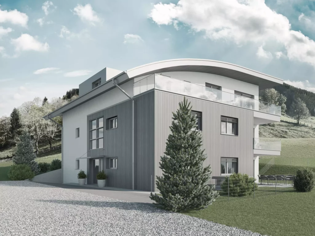 deutinger-projektentwicklung-baumanagement-generalunternehmen-immobilien-salzburg-projekt-mountainview-alpendorf-Kamera03 Modernes Wohngebäude mit geschwungenem Dach und Glasbalkonen vor grüner Berglandschaft in Alpendorf bei Salzburg