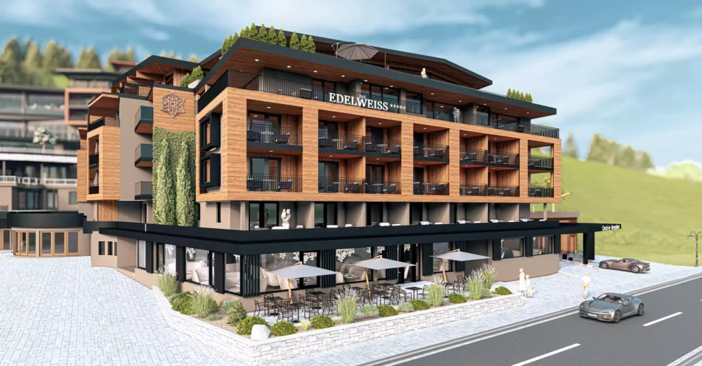 edelweiss_außenanischt Modernes Hotelgebäude mit Holzfassade, Balkonen, Außenterrasse mit Sonnenschirmen und Autos vor der Einfahrt