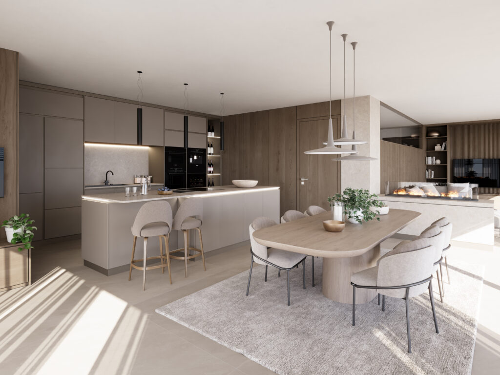 chalet-st-johann-im-pongau-küche-mit-esstisch Moderne, helle Küche mit Bar und großem Esstisch im Chalet St. Johann im Pongau mit Kamin und Wohnbereich im Hintergrund