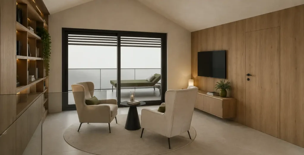 chalet-st-johann-im-pongau-leseecke Moderne Leseecke im Chalet St. Johann im Pongau mit zwei Sesseln, kleinem Tisch, TV und Zugang zum Balkon mit Liege.
