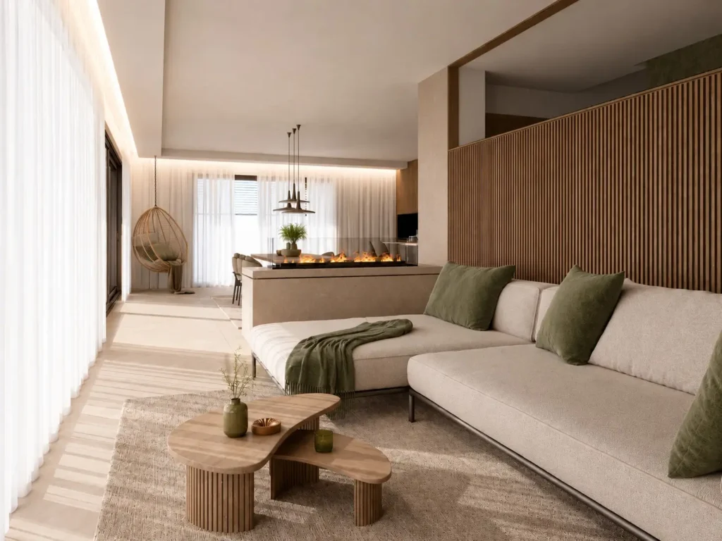 chalet-st-johann-im-pongau-offener-wohnbereich Moderner offener Wohnbereich im Chalet St. Johann im Pongau mit Kamin, Sofa, Holzvertäfelung und Essbereich im Hintergrund