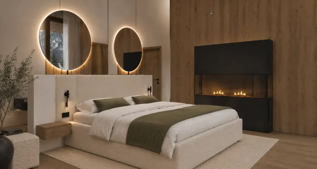 chalet-st-johann-im-pongau-schlafzimmer Modernes Schlafzimmer mit Kamin und Holzwand im Chalet St. Johann im Pongau
