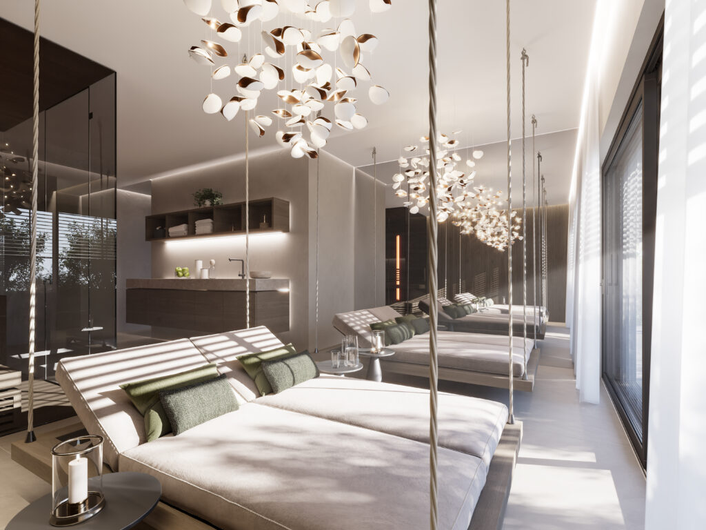 chalet-st-johann-im-pongau-wellness Moderner, ruhiger Wellnessbereich mit großen, gemütlichen Liegen im Chalet St. Johann im Pongau