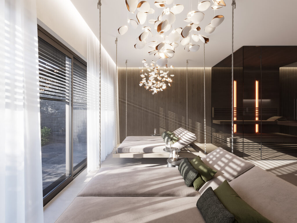 chalet-st-johann-im-pongau-wellnessbereich Moderner, ruhiger Wellnessbereich im Chalet St. Johann im Pongau mit großen Liegen und modernen weißen Lampen