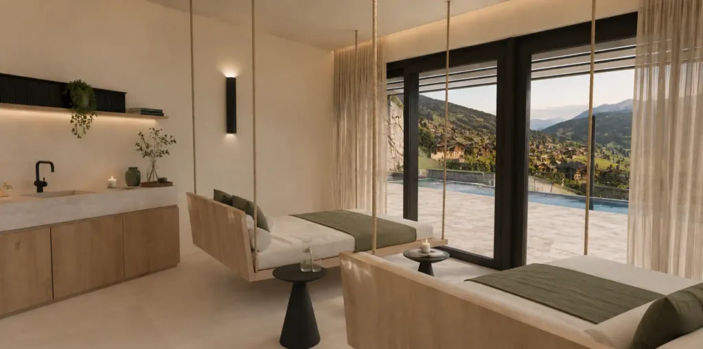 chalet-st-johann-im-pongau-wellnessbereich-mit-liegen Heller, moderner Wellnessbereich mit gemütlichen Liegen im Chalet St. Johann im Pongau mit Blick durch die große Fensterfront