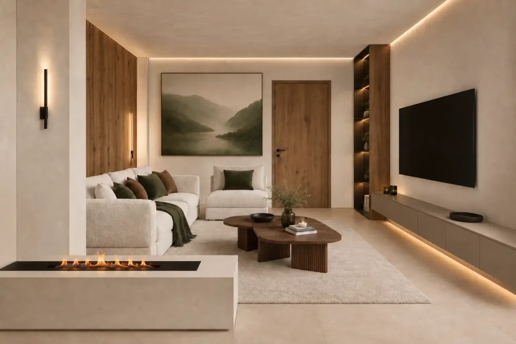 chalet-st-johann-im-pongau-wohnzimmer Modernes Wohnzimmer im Chalet St. Johann im Pongau mit Kamin, gemütlicher Sitzgruppe und großem Wandbild einer Berglandschaft