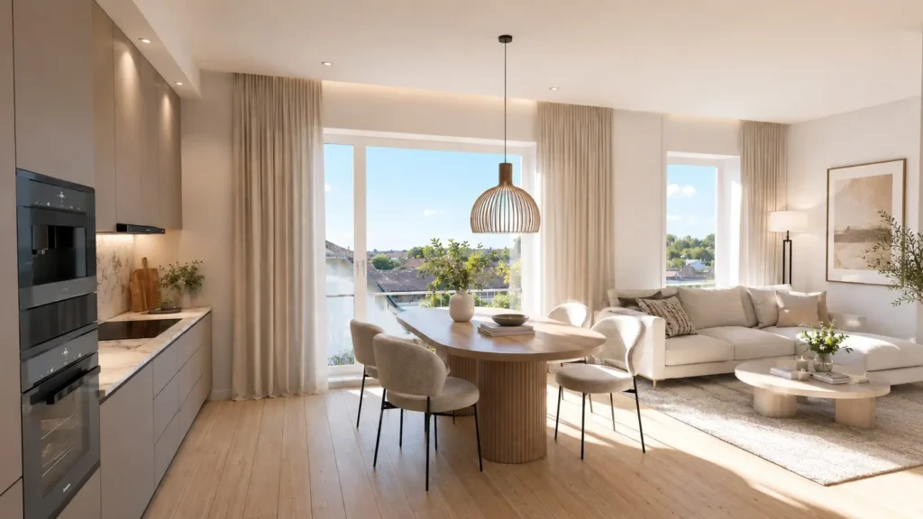 h7-salzburg-kueche-wohnbereich-blick nach außen Küche mit offenem Wohnbereich mit Blick zum Fenster im Projekt H7 in Salzburg