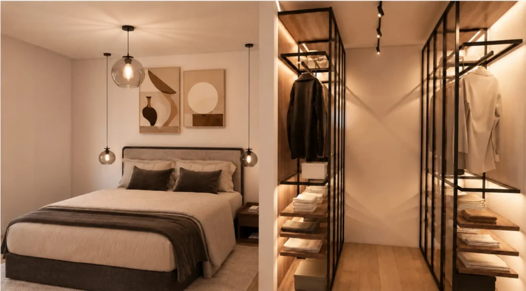 h7-salzburg-schlafzimmer mit einbauschrank Schlafzimmer mit offenem Einbauschrank im Projekt H7 in Salzburg