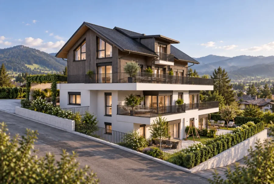Modernes Mehrfamilienhaus mit Holzfassade und großen Balkonen in Radstadt vor Bergkulisse bei Sonnenuntergang