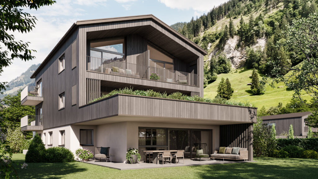 monte-mia-grossarl-ansicht-süd Außenansicht des Monte Mia Resorts in Großarl mit moderner Holzfassade, Terrasse, Balkonen und Bergkulisse