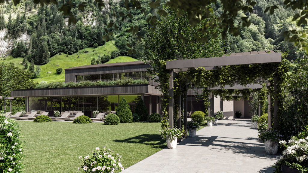 monte-mia-grossarl-ansicht-wellness Moderner Wellnessbereich mit Liegestühlen und begrüntem Pergolengang vor Bergkulisse in Großarl Monte Mia