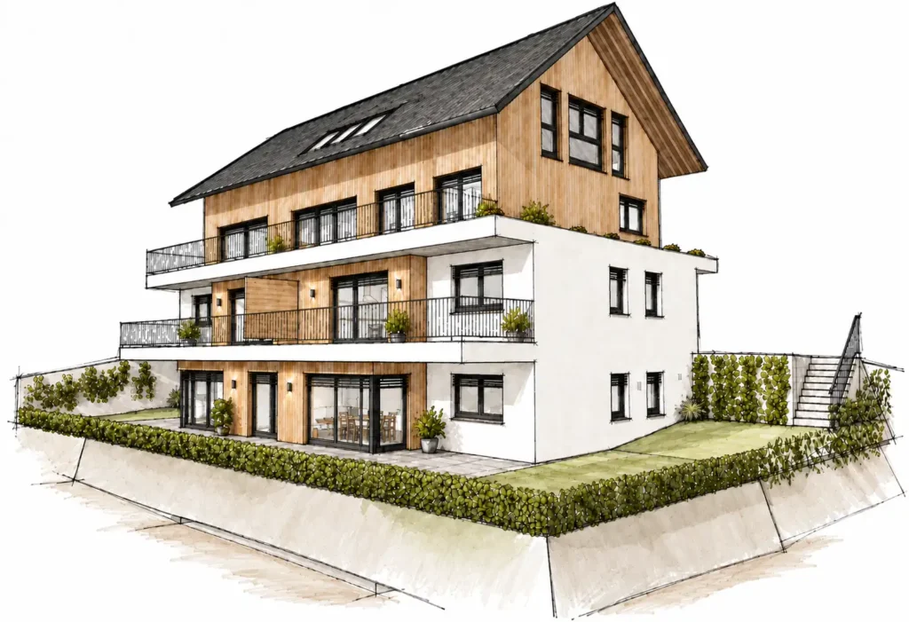 Dahoam-im-Stadtl-2.0-Radstadt Moderne Architekturzeichnung eines dreistöckigen Wohnhauses mit Holzfassade, großen Fenstern und umlaufenden Balkonen in