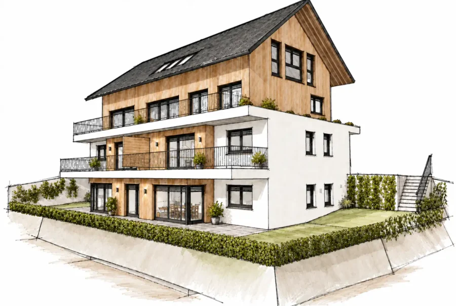 Moderne Architekturzeichnung eines dreistöckigen Wohnhauses mit Holzfassade, großen Fenstern und umlaufenden Balkonen in