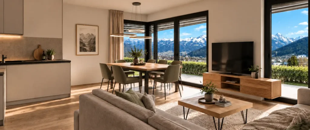 dahoam-im-stadtl-2.0-top1 Modern eingerichtetes Wohnzimmer mit Essbereich, großer Fensterfront und Bergblick, Holzfußboden und minimalistischer