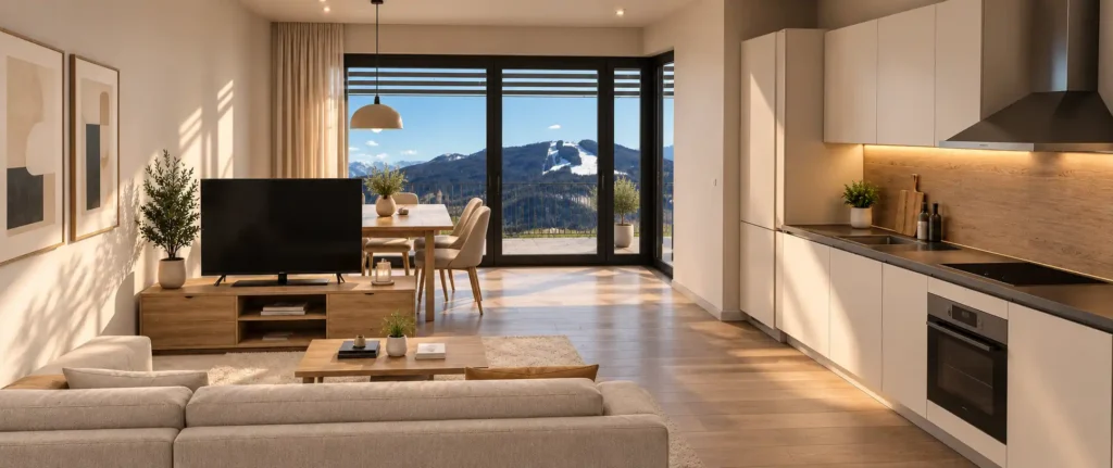 dahoam-im-stadtl-2.0-top2 Helles Wohnzimmer mit moderner Küche, Esstisch, Sofa und großem Fenster mit Bergblick in einer Neubauwohnung