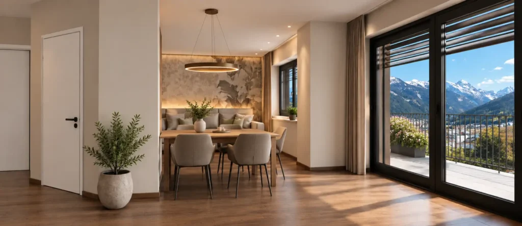 dahoam-im-stadtl-2.0-top4 Moderner Essbereich mit Holztisch, grauen Stühlen, großer Fensterfront und Bergblick im Hintergrund bei Tageslicht