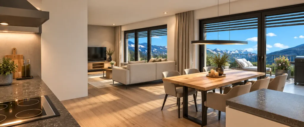 dahoam-im-stadtl-2.0-top5 Moderner Wohn- und Essbereich mit großer Fensterfront, Blick auf Berglandschaft, Holzboden und offener Küche mit Kochfeld