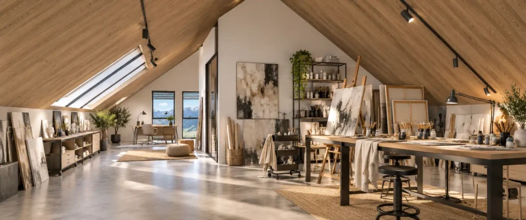 dahoam-im-stadtl-2.0-top5-atelier Modernes Atelier unter Dachschräge mit großen Fenstern, Staffeleien, Kunstwerken und Blick auf Berglandschaft