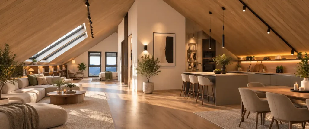 dahoam-im-stadtl-2.0-top5-loft Modernes Loft mit offener Küche, Essbereich, Wohnzimmer und Schlafzimmer unter schrägem Holzdach mit großen Dachfenstern