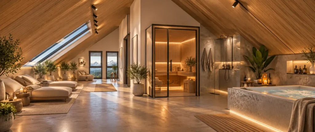 dahoam-im-stadtl-2.0-top5-luxuriöses-dachgeschoss-spa Luxuriöses Dachgeschoss-Spa mit Sauna, Whirlpool, Liegen, Pflanzen und Panoramafenstern mit Bergblick im modernen Holzbau