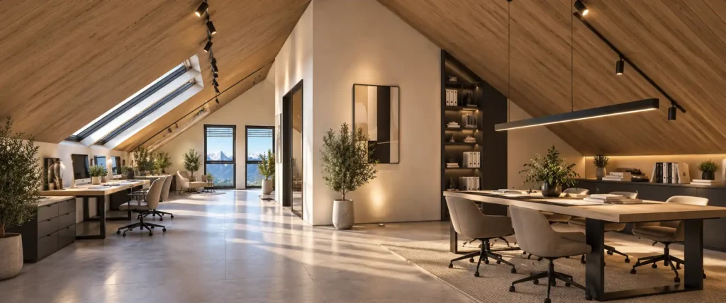 dahoam-im-stadtl-2.0-top5-modernes-büro Modernes Büro mit Holzdecke, großen Fenstern, Schreibtischen, Bürostühlen und Pflanzen in einem lichtdurchfluteten Raum