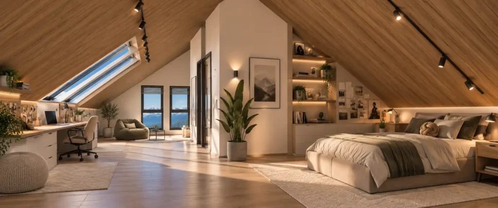 dahoam-im-stadtl-2.0-top5-modernes-dachloft Modernes Loft mit offenem Schlafzimmer und Schreibtisch unter schrägem Holzdach mit großen Dachfenstern