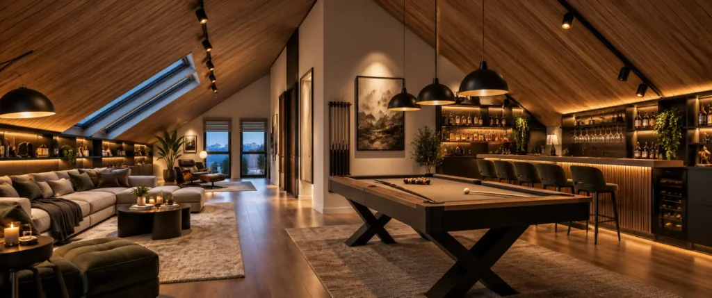 dahoam-im-stadtl-2.0-top5-pooltisch-bar Moderne Dachgeschosslounge mit Pooltisch, Bar, gemütlicher Sitzecke und großen Fenstern mit Bergblick bei warmem Licht